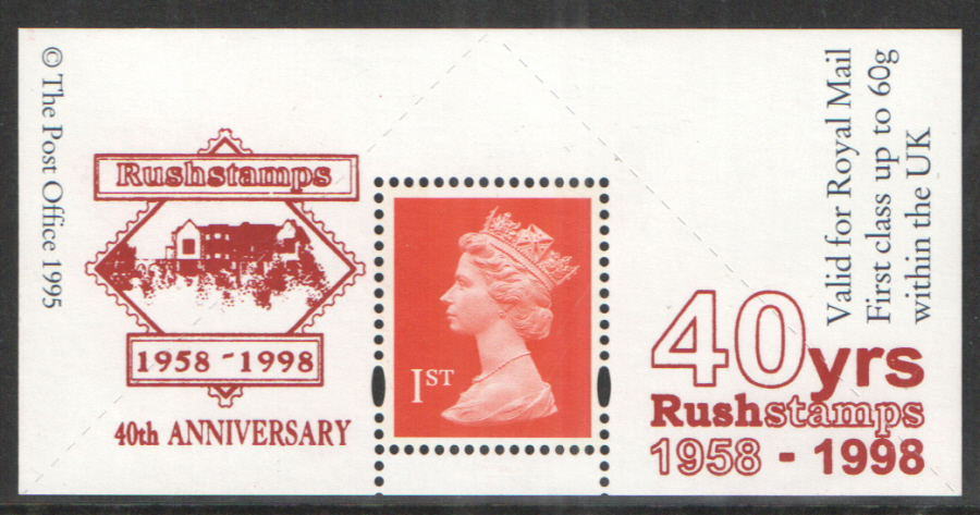 (image for) "Rushstamps 40th Anniversary" overprinted Boots 1st Class Stamp & Label